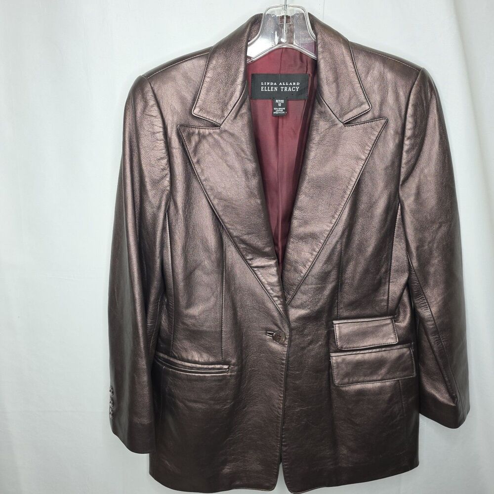 Linda Allard Ellen Tracy Blazer Womens Metallic Bronze Leather 10P Corporate VTG